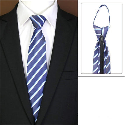 Blue and white striped tie with a zipper on a mannequin wearing a suit.