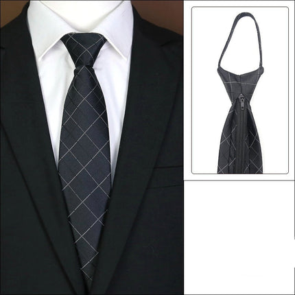 Black tie with plaid pattern worn with a suit, inset showing a knot-free zipper design.