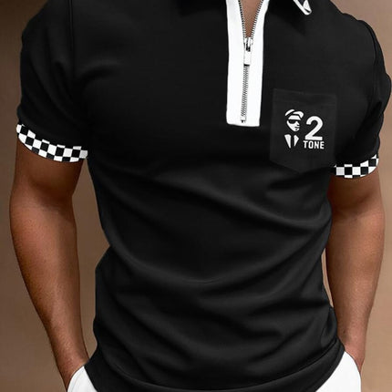 Black polo shirt with checkered collar and sleeve trim on a person against a brown background