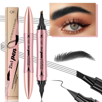 QIC 2-in-1 pen with eyebrow and eyeliner, packaging, and application on eyes.