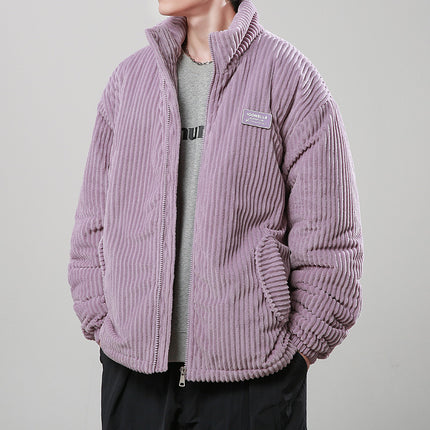 Person wearing a purple corduroy jacket