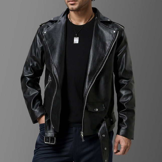 Man wearing a black leather jacket on a gray background