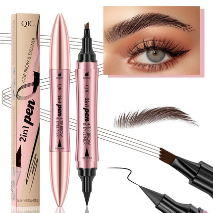 QIC 2-in-1 brow and eyeliner pen with packaging, close-up of eye makeup, and eyebrow hair.