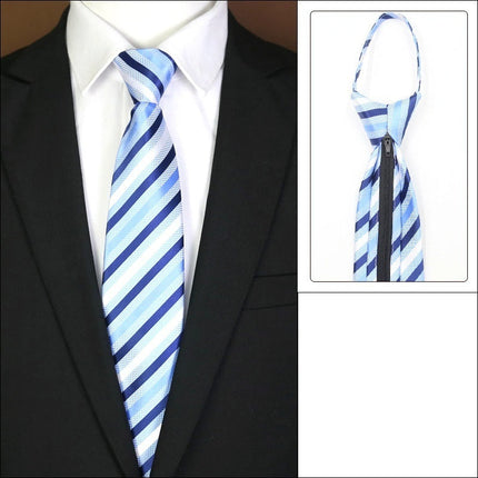 Blue and white striped tie with a knot-free zipper feature on a suit.