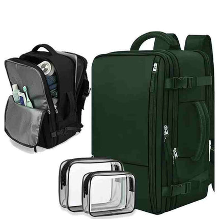 Green backpack with clear pouches on a white background