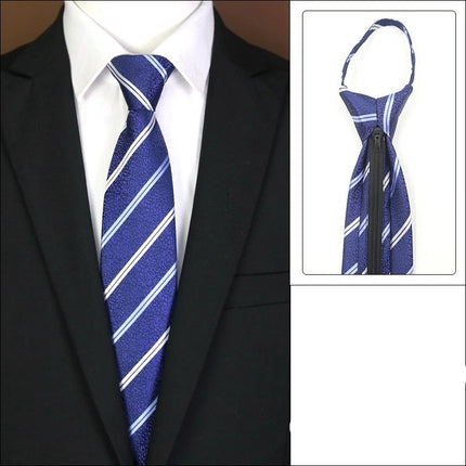 Blue striped tie with a zipper on a suit jacket