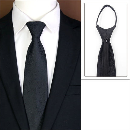 Black tie with knot-free zipper feature on a suit, with close-up inset.