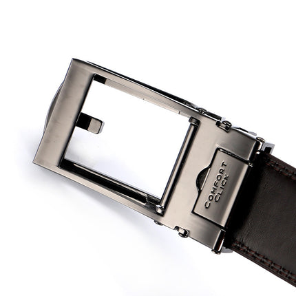 Close-up of a belt buckle with 'Comfort Click' branding on a white background