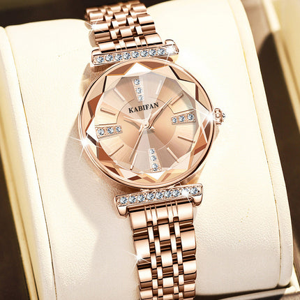 Women’s diamond mirror fashion steel watch with round dial, stainless steel strap, and waterproof quartz movement.