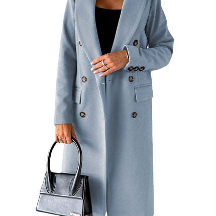 Light blue coat worn by a person on a white background
