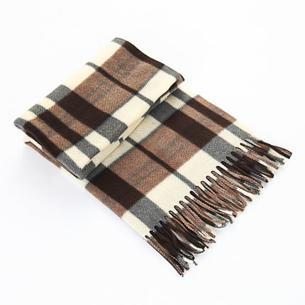 Plaid blanket with brown, beige, and gray colors on a white background