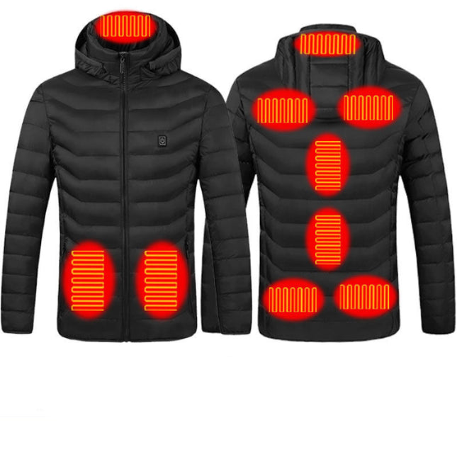Black heated jacket with visible heating elements on a white background