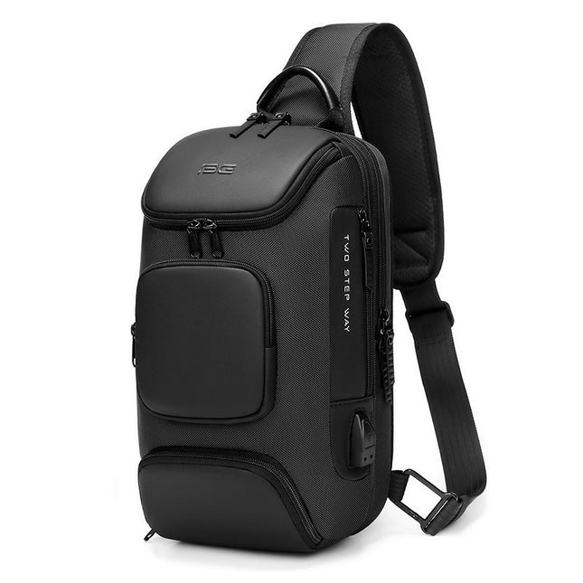 Black sling bag with brand logo on a white background