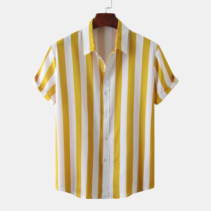 Yellow and white striped shirt on a hanger against a white background