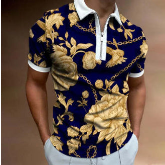 Man wearing a blue and gold floral patterned shirt with white trim.