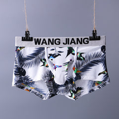 Men's underwear with bird and leaf pattern hanging on a gray background with 'WANG JIANG' branding.