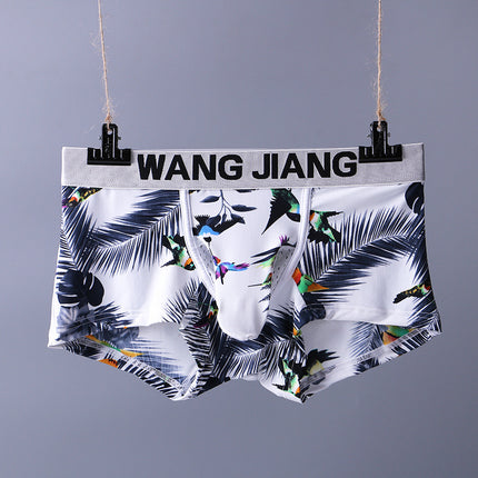 Men's underwear with bird and leaf pattern hanging on a gray background with 'WANG JIANG' branding.