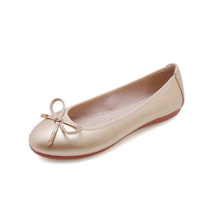 Foldable ballet shoes in gold, soft bottom, flat heel, with bow detail, perfect for casual work and cross-border travel.