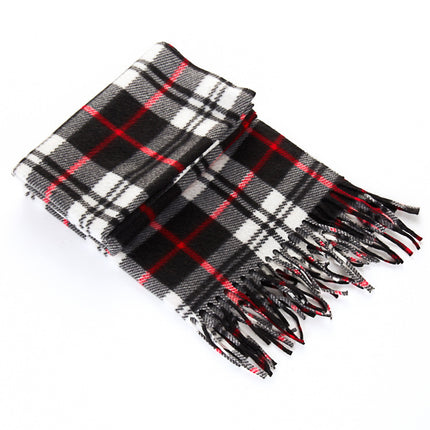 Plaid scarf with black, white, and red colors on a white background