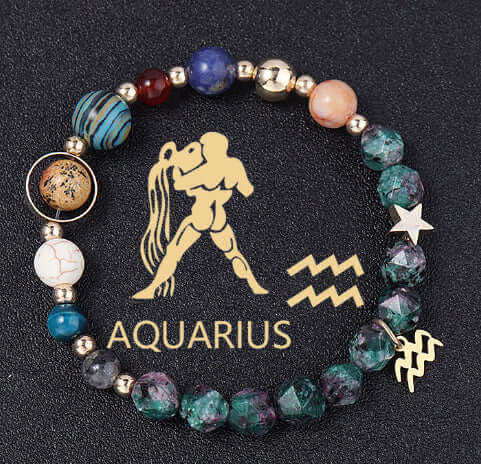 Bracelet with Aquarius symbol and zodiac sign on a black background