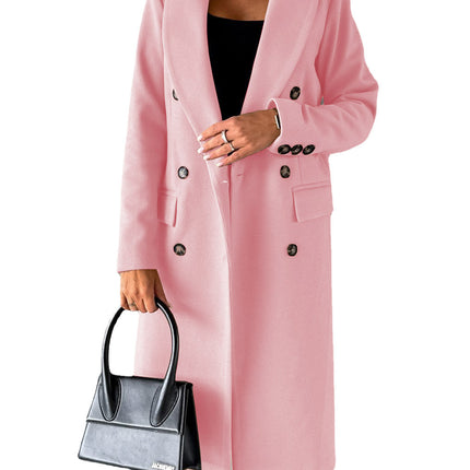 Person wearing a pink coat holding a black handbag on a white background