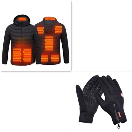 Heated jacket with visible heating elements and a pair of black gloves 