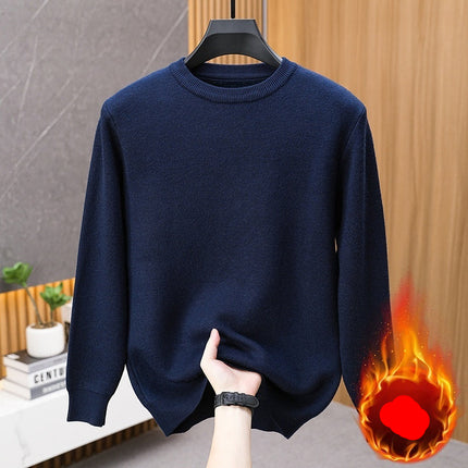 Navy blue sweater on a hanger with flame graphic and text 'Flame Thicken' in a room setting.