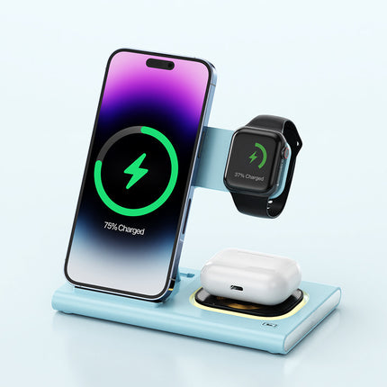 Wireless charging station with smartphone, smartwatch, and earbuds on a light blue background