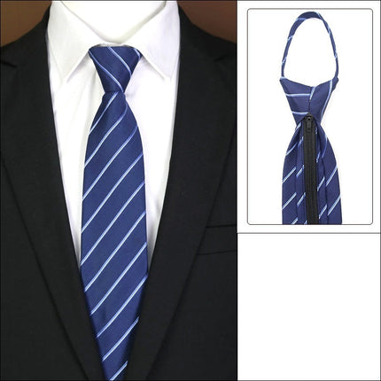 Blue striped tie with knot-free zipper feature on a suit.