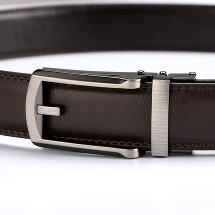 Brown leather belt with a silver buckle on a white background