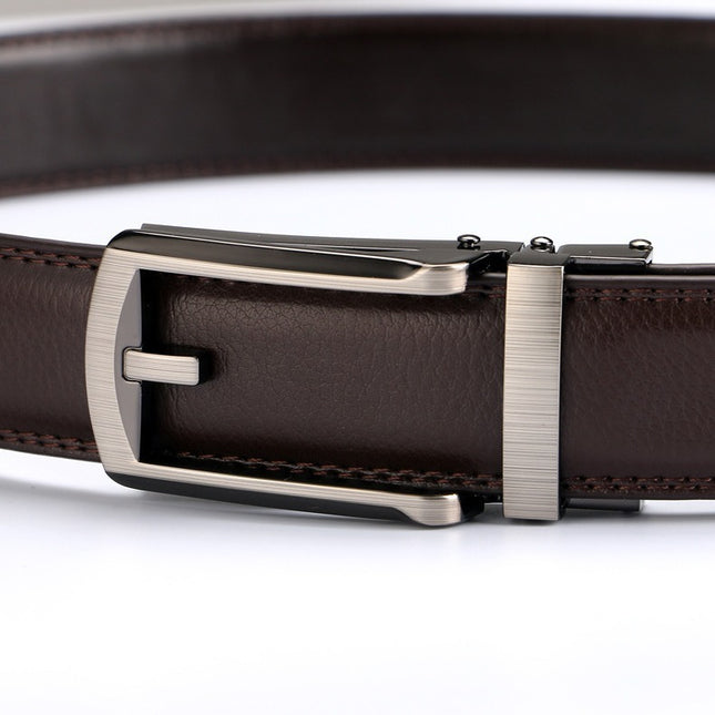Brown leather belt with a silver buckle on a white background