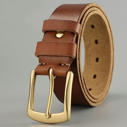Brown leather belt with a gold buckle on a gray background