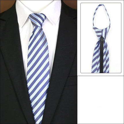 Blue and white striped tie with knot-free zipper feature on a suit.