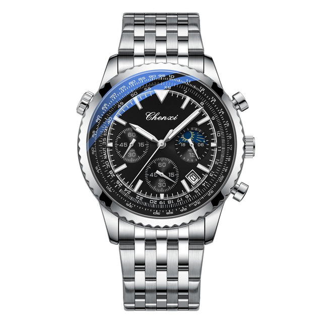Men’s stylish versatile watch with silver case and black stainless steel strap, sports quartz design.